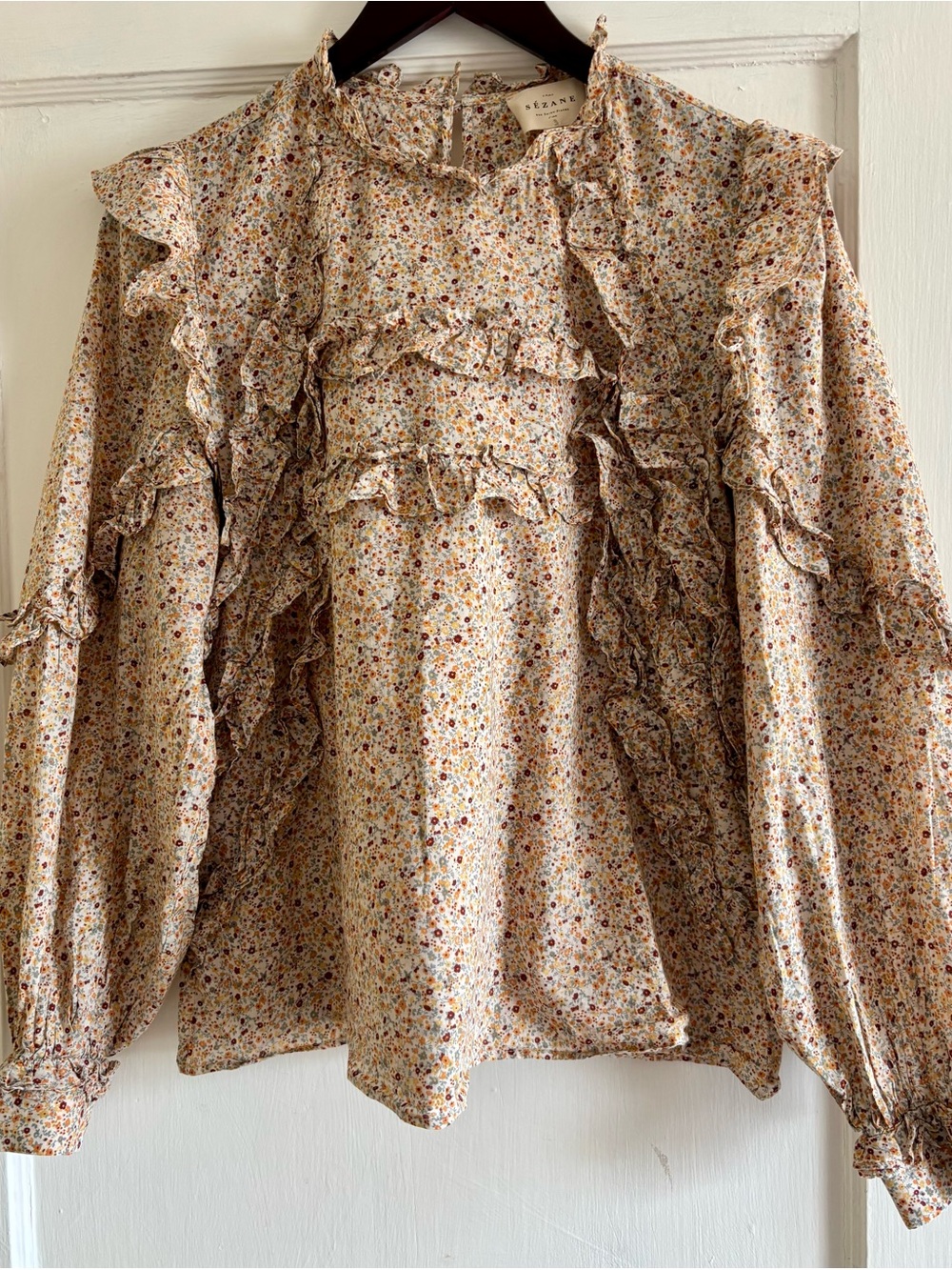 Sezane Cream Multi Color Floral Ruffle Blouse